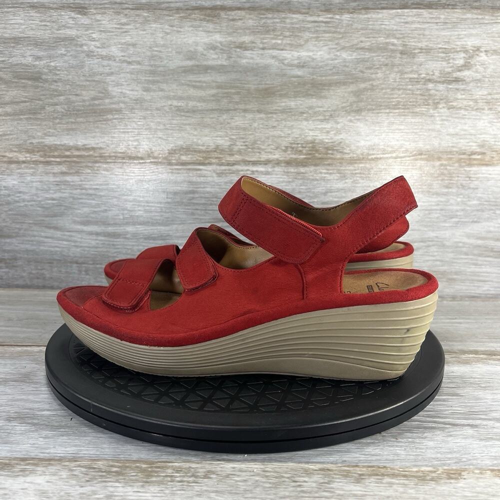 Clarks Women’s Reedly Juno Red Leather Nubuck Wedge Sandals Size 10